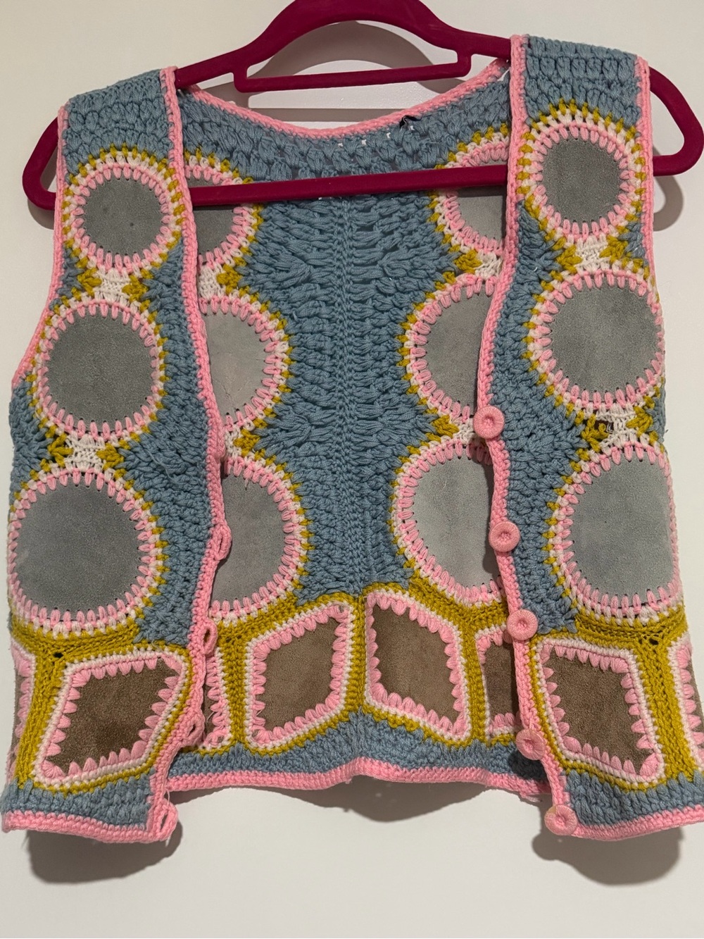 1990s Vintage Crochet & Genuine Leather Patchwork Vest size small